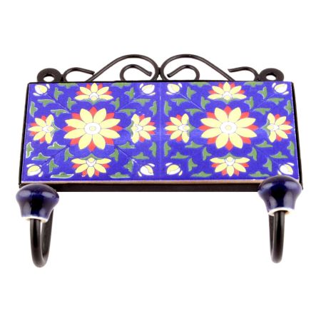 Navy Blue And Yellow Sunflower Ceramic Tiles Hooks